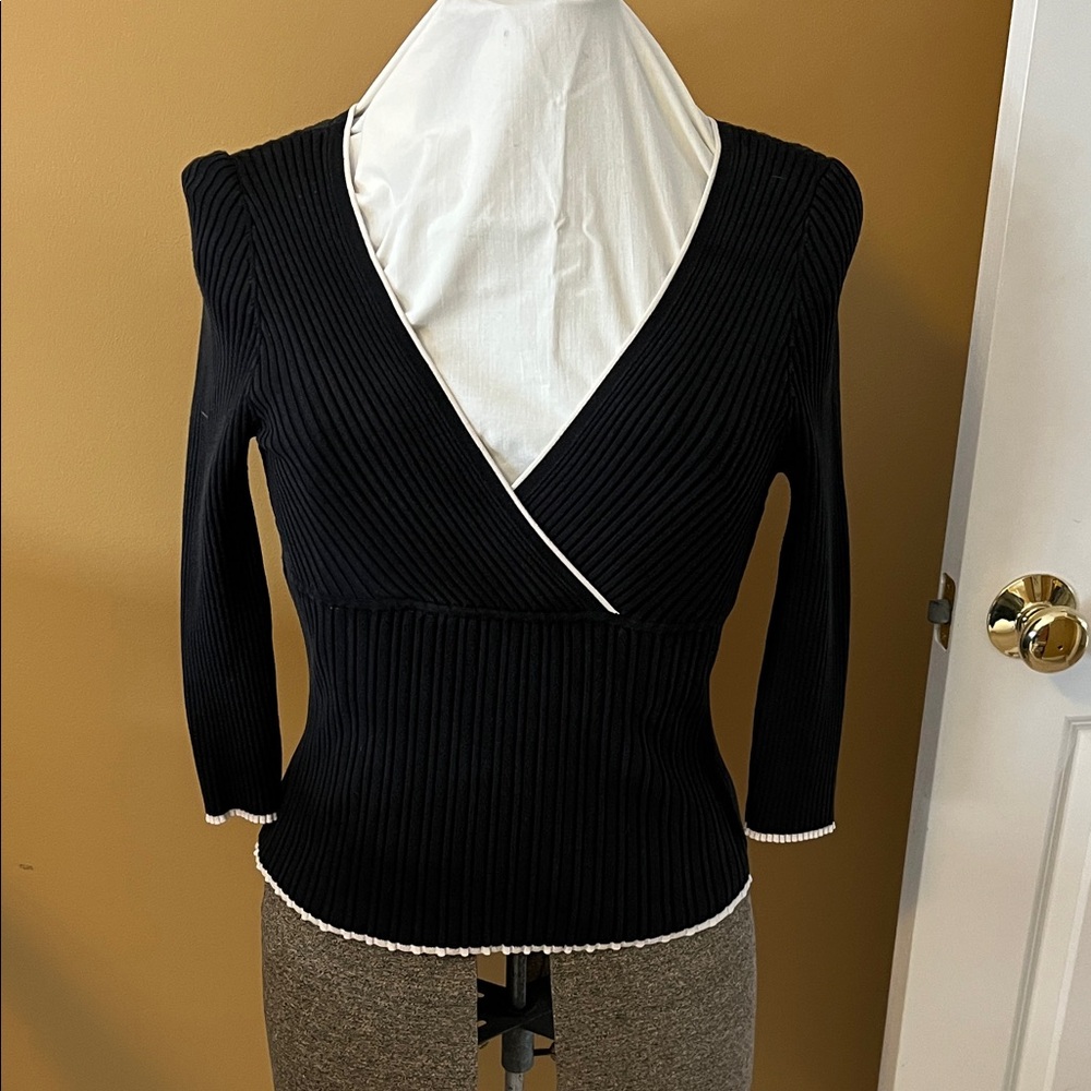 White House Black Market Black V-Neck Sweater with White Trim